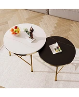 Streamdale Furniture Modern Round Nesting Coffee Table Set, Black & White Sintered Stone Top, Gold Base