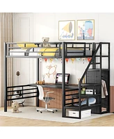 Streamdale Furniture Metal Loft Bed with Desk, Staircase, Storage & Wardrobe