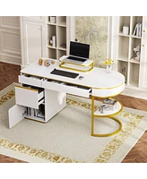 Simplie Fun 60" Modern Executive Desk Curved Computer Desk With Gold Metal Legs, 3-Drawers