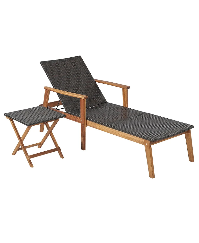 Gymax 2PCS Patio Lounge Chair Adjustable Recliner Chair Acacia Wood Frame Folding Table Set