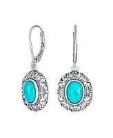 Bling Jewelry Floral Scroll Milgrain Blue Natural Turquoise Dome Oval Dangle Drops Earrings For Women Lever Back Oxidized Sterling Silver