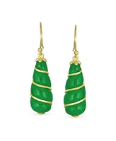 Bling Jewelry Classic Elegant Long Chandelier Natural Dark Green Jade Teardrop Dangle Earrings For Women 14K Yellow Gold Overlay Twisting Swirl Accent