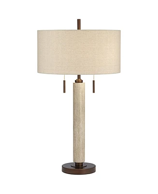 Franklin Iron Works Hugo Industrial Table Lamp 28 1/2" Tall with Usb Charging Port and Dimmer Whitewashed Wood Oatmeal Fabric Shade for Bedroom Living