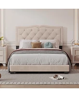 Simplie Fun Modern Gray Velvet Bed with Rivet Design & Tufted Headboard