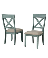 Simplie Fun Wood Cross Back Upholstered Dining Chairs, Set Of 2, Antique Blue