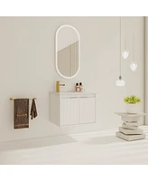 Sleek White Diamond-Pattern Vanity with Drop-Shaped Resin Sink and Metal Handles