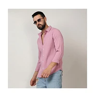 Men's Salmon Pink Self-Design Striped Shirt