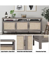 Gymax Tv Stand Entertainment Media Center for Tv's up to 65'' w/ Rattan Doors Grey Oak