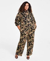 Nina Parker Trendy Plus Size Camouflage Knit Jacket Ribbed Tank Top Camouflage Knit Pants