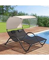 Outdoor Double Chaise Lounge Chair with Sunshade Canopy & Headrest Pillows