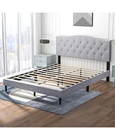 Queen Size Upholstered Platform Bed Linen Bed Frame with Button Tufted Headboard