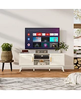 Gymax Tv Stand Entertainment Media Console w/ 2 Rattan Cabinets & Open Shelves