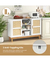 Costway 48" Sideboard Buffet Cabinet with 2 Bamboo Woven Doors 3 Open Shelves for Kitchen