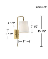 Luca Mid Century Modern Indoor Swing Arm Wall Mounted Lamp Brass Finish Metal Plug-In Light Fixture Fabric Shade for Bedroom Bedside House Reading Liv