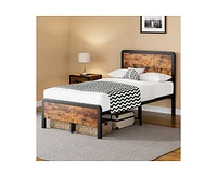 gaomon Queen Bed Frame with Headboard Footboard, Rustic Wood Farmhouse Platform Metal Wrought Rod Slat Bedframe