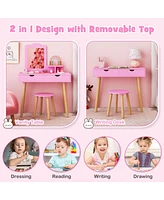 Costway Kid Vanity Table Chair Set with Mirror Large Storage Drawers Wooden Legs