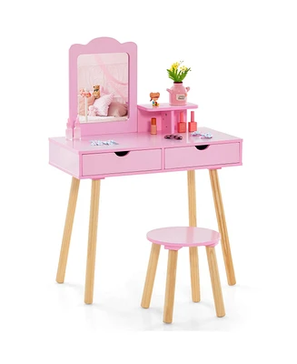 Costway Kid Vanity Table Chair Set with Mirror Large Storage Drawers Wooden Legs