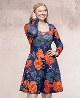 24seven Comfort Apparel Women's Navy Floral Print Long Sleeve Knee Length Dress