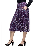 24seven Comfort Apparel Women's Purple Print Elastic Waist Pocket Midi Skirt