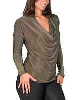 24seven Comfort Apparel Women's Cowl Neck Long Sleeve Shimmery Fabric Top