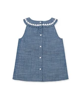 Hope & Henry Toddler Girls Organic Sleeveless Ruffle Collar Chambray Button Back Top