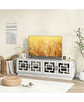 Gymax 4-Door Glass Entertainment Center Farmhouse Tv Stand for TVs up to 75'' Oak White