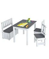 Slickblue 4 Pieces Kids Wooden Activity Table and Chairs Set with Storage Bench and Study Desk