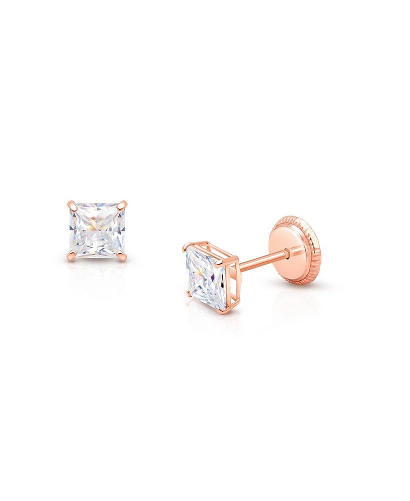 Tiny Blessings Children's 14K Gold 4mm Princess Cut Studs Girls' Screw Back Earrings