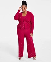 Nina Parker Trendy Plus Size Embellished Rib Knit Cardigan Tank Pants