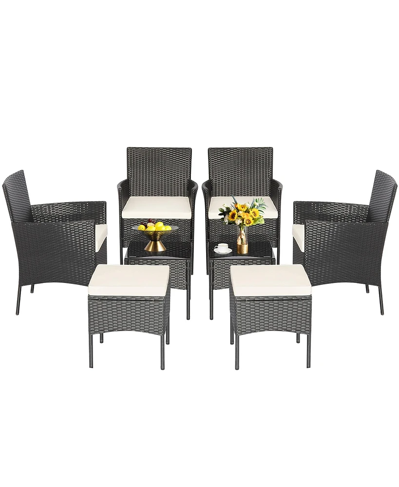 Gymax 8PCS Outdoor Conversation Furniture Set Patio Pe Rattan Sofa Set w/ Tables & Ottoman