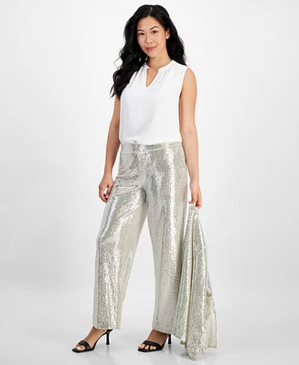 Ak Anne Klein Petite Pull-On Wide-Leg Sparkle Pants