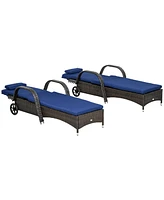 Outsunny Outdoor Pe Rattan Sun Bathing Chair w/ Cushion & Pillow, Brown/Dark Blue