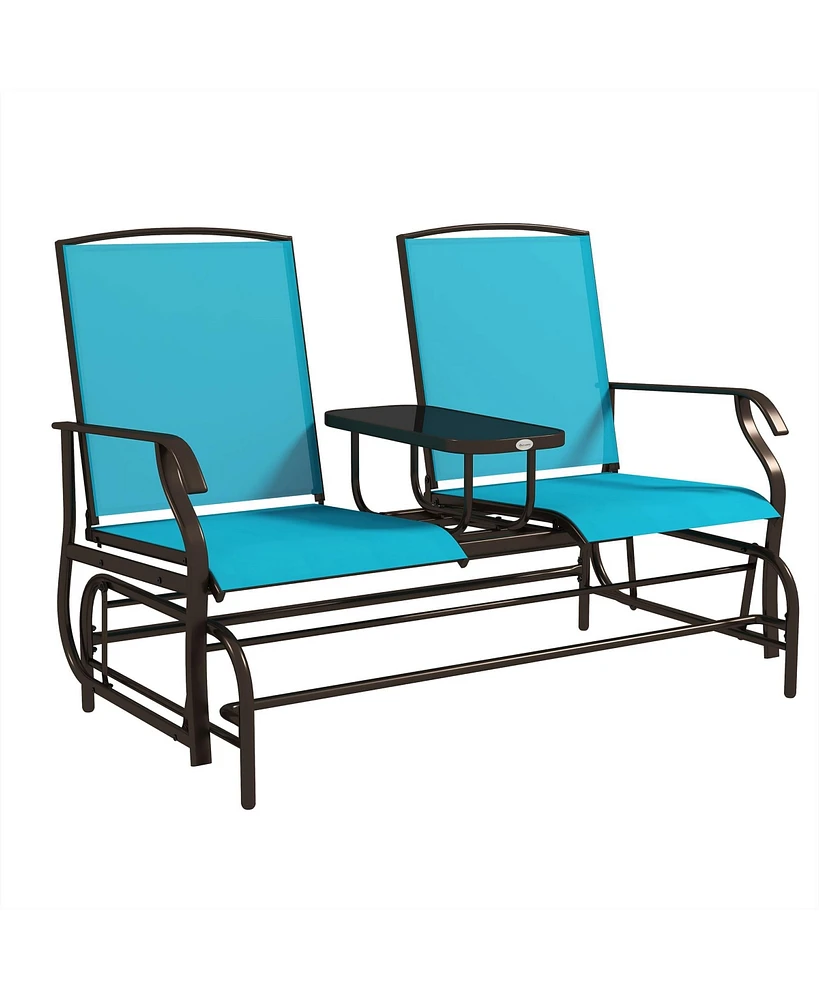 Outsunny 2-Person Outdoor Glider Bench with Center Table, Blue