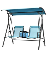 Outsunny 2 Person Porch Swing with Canopy, Storage Table, Cup Holder, Blue