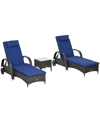 Outsunny Pool Furniture, 2 Lounge Chairs & Table, Wheels, Cushioned,