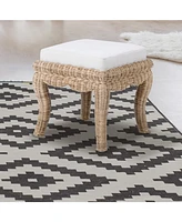 Jonathan Y Rowan 19.7" Bohemian Designer Woven Rattan/Wood Vanity Stool, White Cushion with Natural Frame