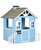 Outsunny Wooden Playhouse for Kids Outdoor with Flower Pot Holders, Blue