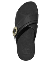 FitFlop Women's Lulu Crystal Buckle Leather Cross Slides Flats