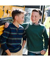 Hope & Henry Boys Organic Long Sleeve Sporty Crew Neck Sweater with Stripe Piecing
