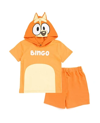 Bluey Boys Hooded Cosplay T-Shirt and French Terry Shorts Outfit Set to