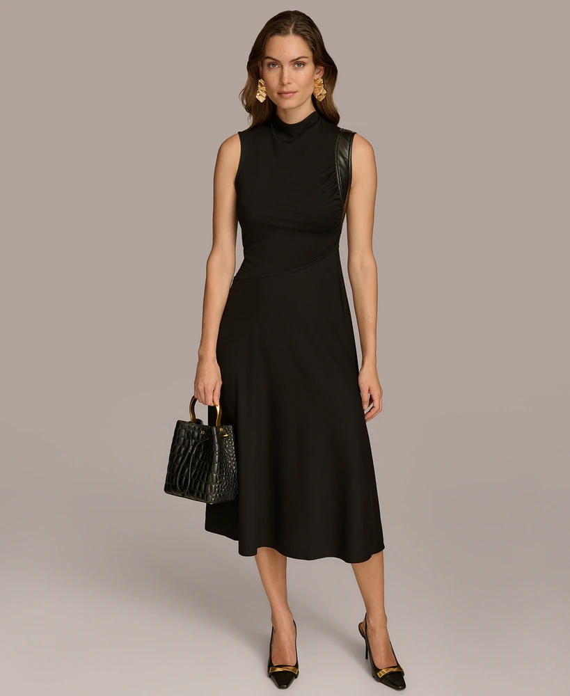 Donna Karan New York Women's Mock-Neck Faux-Leather-Trim Dress