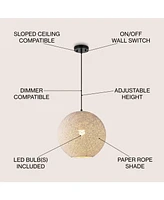 Jonathan Y Lacey 16" 1-Light Bohemian Minimalist Iron/Rope Woven Globe Led Pendant, White/Black
