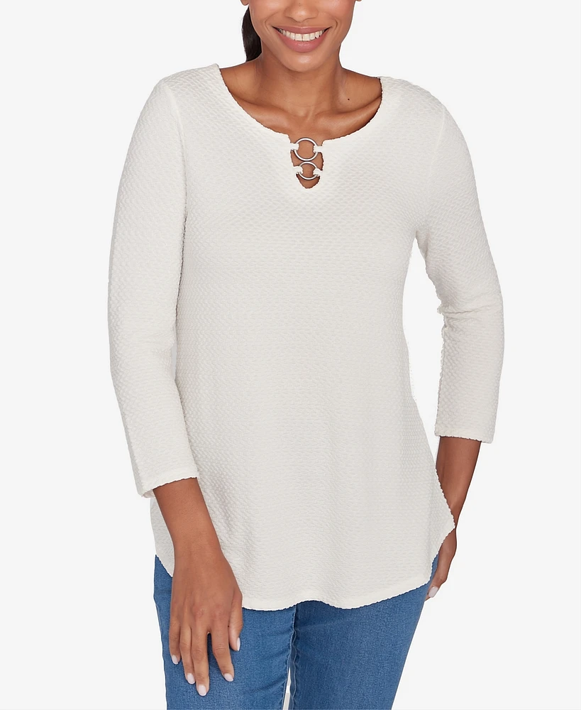 Ruby Rd. Petite Scoop Neck with Ring Detail Solid Textural Knit Top