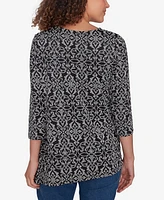 Ruby Rd. Petite Ring Neck Medallion Puff Printed Knit Top with Asymmetric Hem