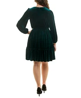 Taylor Plus V-Neck Long-Sleeve Smocked-Waist Velvet Dress