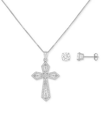 Giani Bernini 2-Pc. Set Cubic Zirconia Cross Pendant Necklace & Solitaire Stud Earrings, Created for Macy's