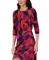 Vince Camuto Petite Printed Pleat-Neck 3/4-Sleeve Dress