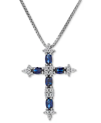 Lab Grown Blue Spinel (1/2 ct. t.w.) & Lab Grown White Sapphire (1 ct. t.w.) Cross 18" Pendant Necklace in Sterling Silver