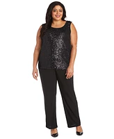 R & M Richards Plus Sequined Sleeveless Top, Open-Front Jacket Pants Set