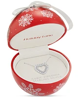 Holiday Lane Cubic Zirconia Double Heart Pendant Necklace in Sterling Silver, 16" + 2" extender, Created for Macy's